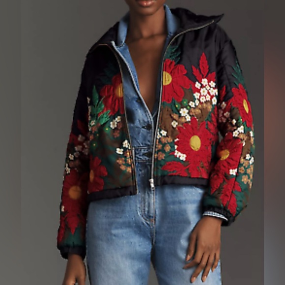 Anthropologie Floral Embroidered Zip Up Bomber Jacket Size Small - Picture 1 of 10